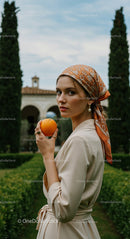 Elegant Woman Holding Orange in Mediterranean Garden