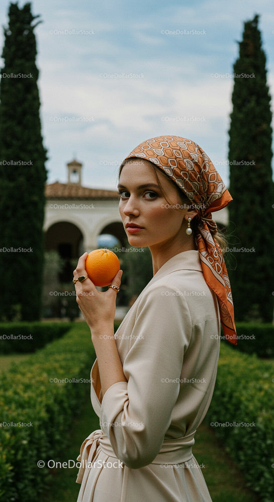 Elegant Woman Holding Orange in Mediterranean Garden