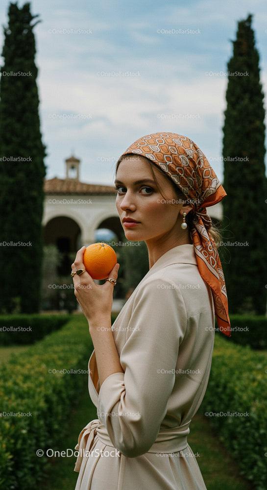 Elegancka kobieta trzymająca pomarańczę w ogrodzie śródziemnomorskim