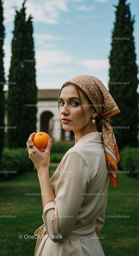 Woman in Headscarf Holding an Orange in Serene Garden Setting