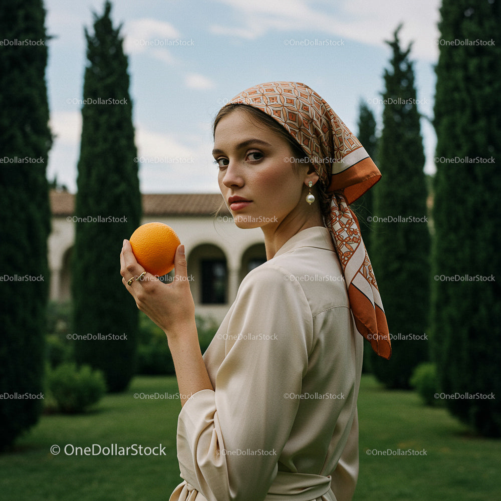 Elegant Woman with Orange in Mediterranean Garden