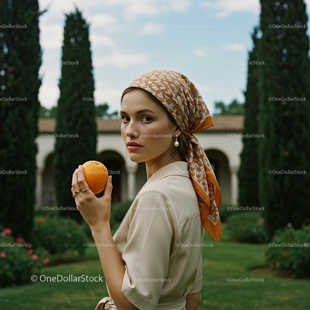 Stylish Woman in Garden Holding Orange in Vintage Style