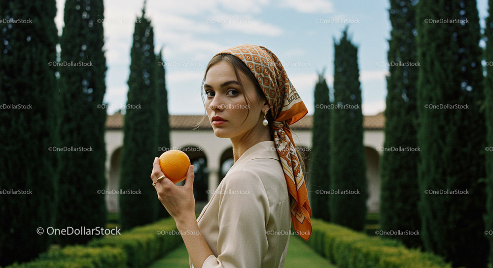 Woman Holding Orange in Mediterranean Garden