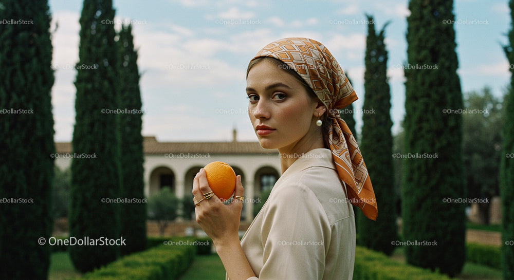 Woman Holding Orange in Mediterranean Garden