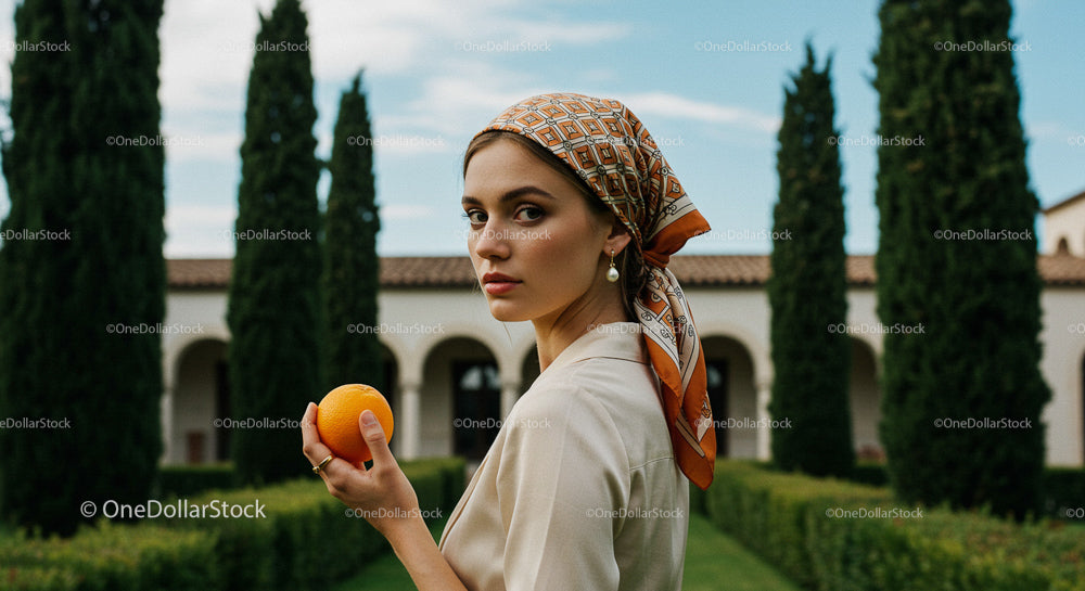 Elegant Woman with Orange in Mediterranean Garden