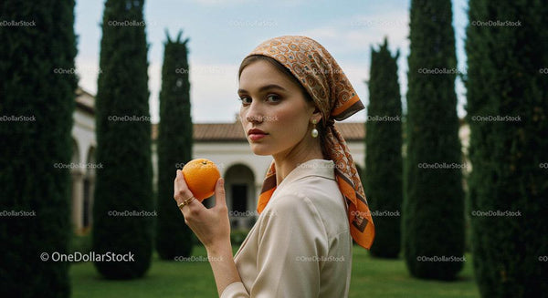 Elegancka kobieta z pomarańczą w ogrodzie śródziemnomorskim