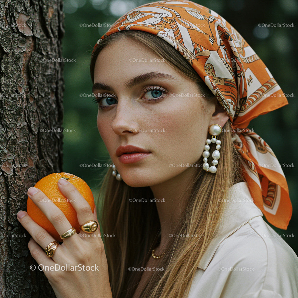 Young Woman Holding Orange with Fashionable Accessories