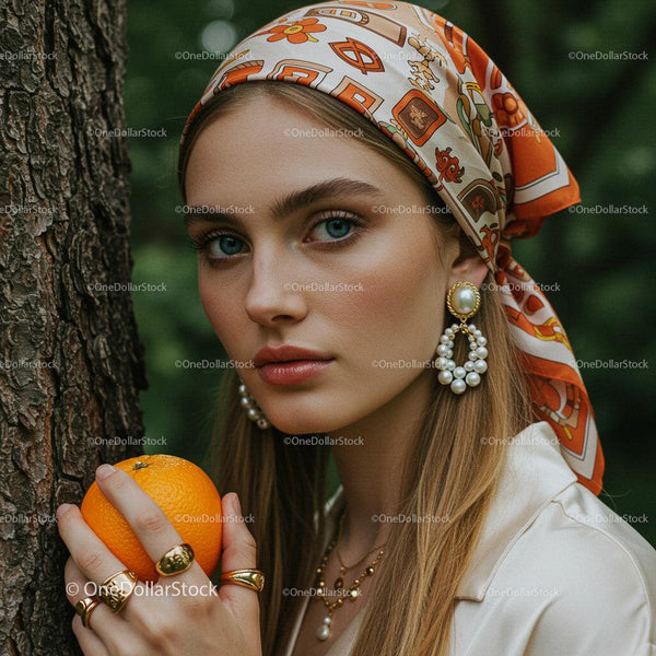 Bohemska elegancja: kobieta z pomarańczową i kwiatową chustą na głowie