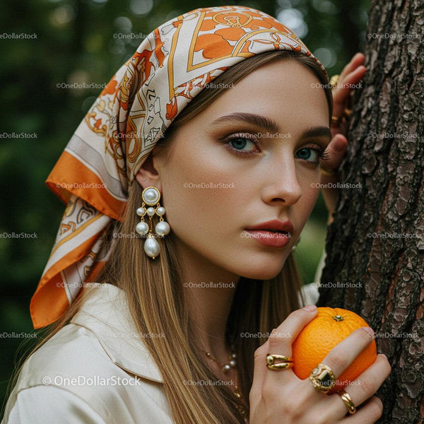 Elegant Woman in Orange Headscarf Holding Citrus in Nature