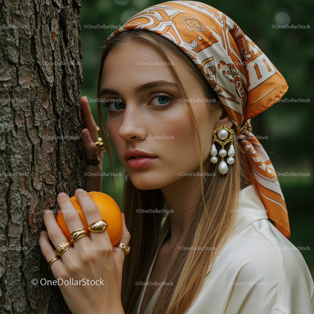 Fashionable Woman with Orange and Trendy Headscarf