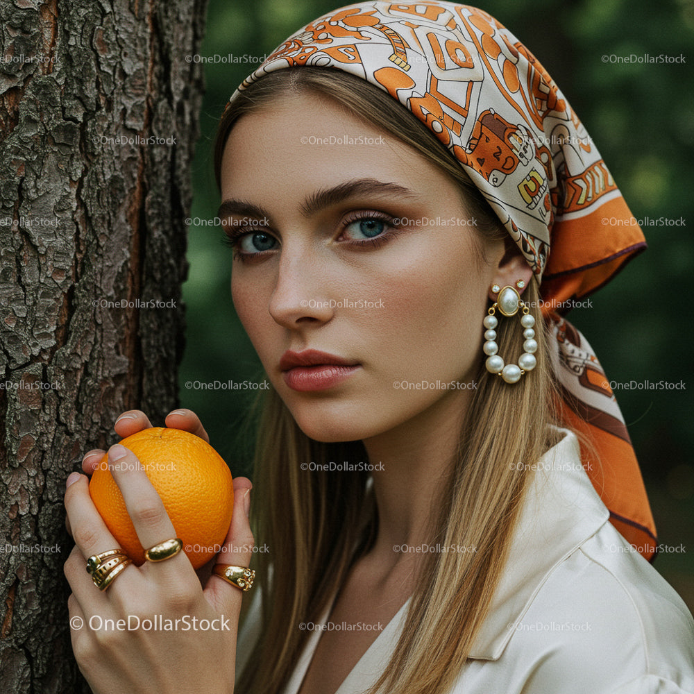 Elegant Woman Holding Orange in Natural Setting