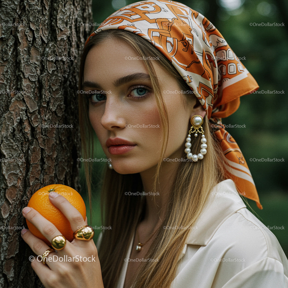 Elegant Woman with Orange and Pearl Jewelry in Nature