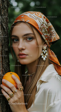 Elegant Woman with Orange Headscarf and Jewelry