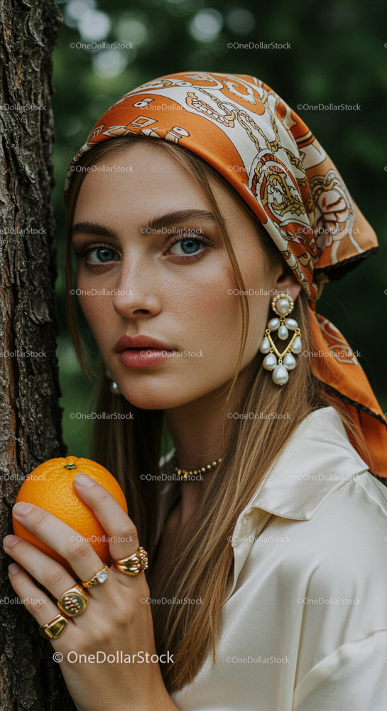 Elegant Woman with Orange Headscarf and Jewelry