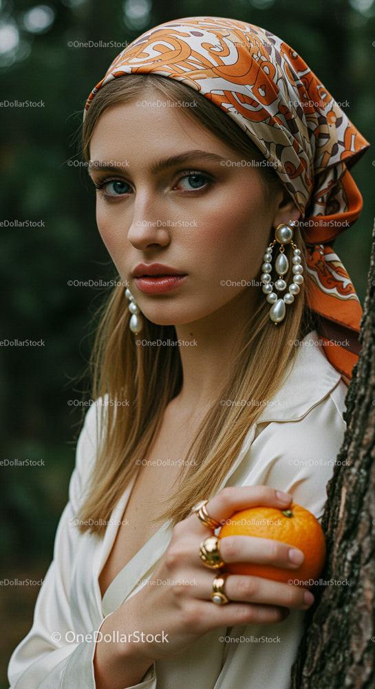 Elegancka kobieta trzymająca pomarańczę w naturalnym otoczeniu