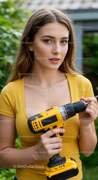Young Woman Holding a Drill in a Garden Setting