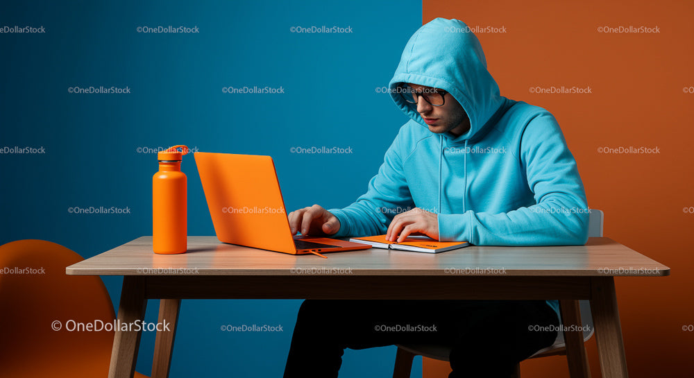 Focused Student in Blue Hoodie Working on Orange Laptop