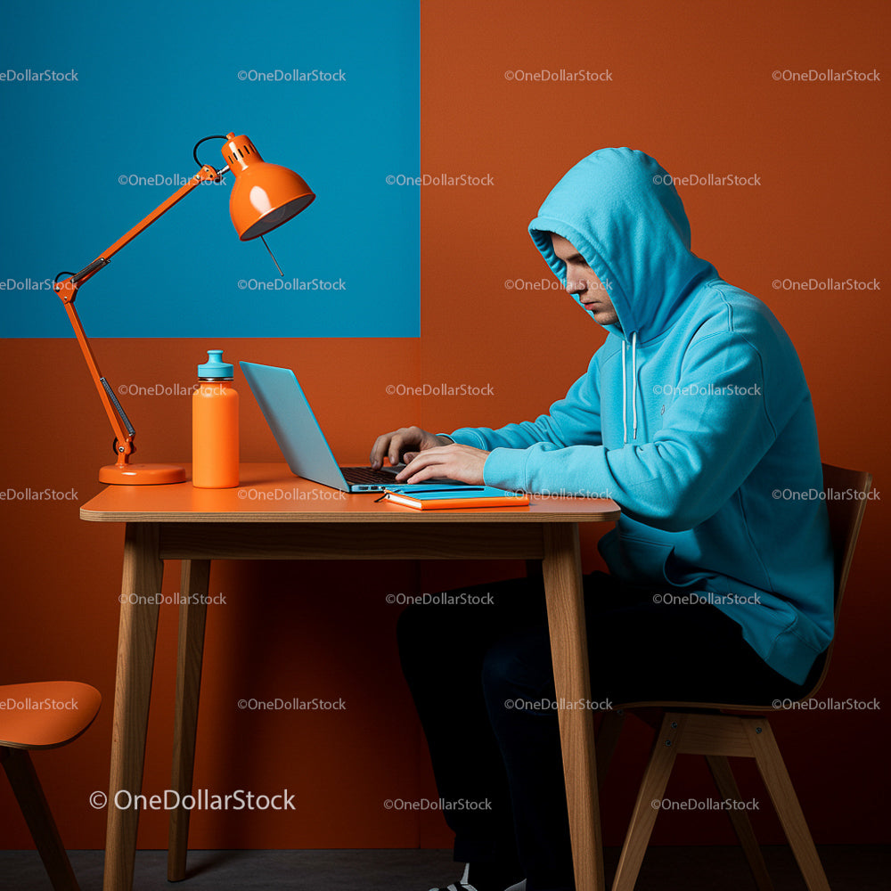 Man in Blue Hoodie Working at Trendy Orange and Blue Workspace