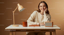 Smiling Woman at Minimalist Desk in Warm Cozy Office