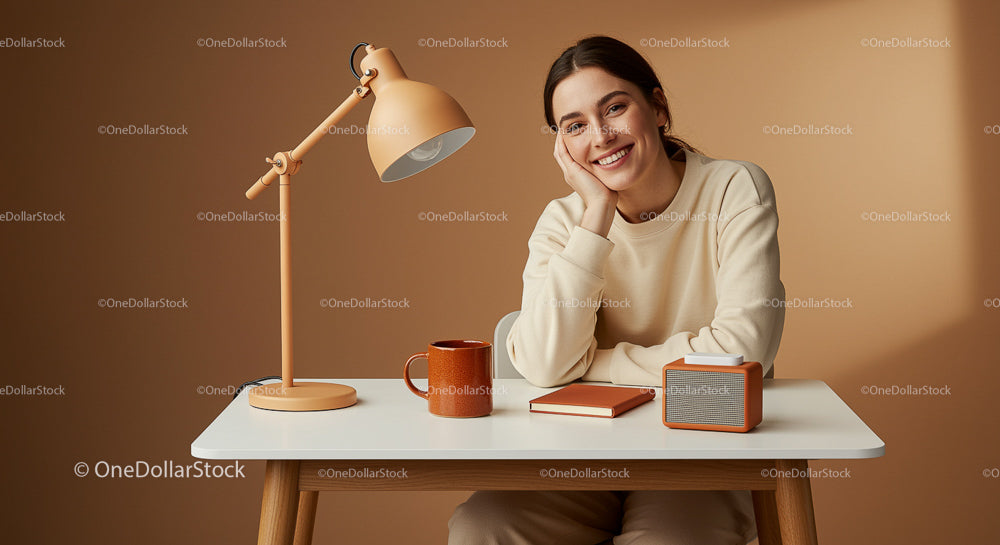 Smiling Woman in Cozy Home Office with Modern Decor