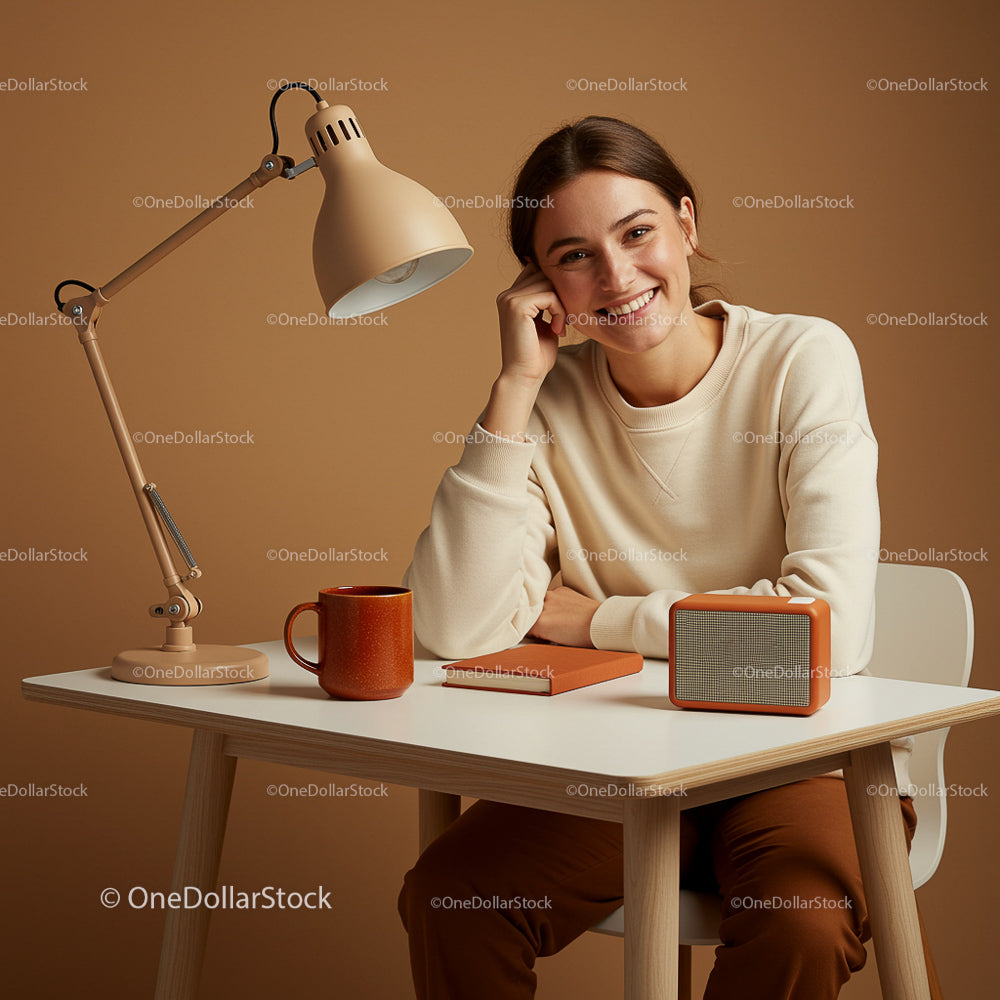 Smiling Woman in a Cozy Home Office with Beige Accents