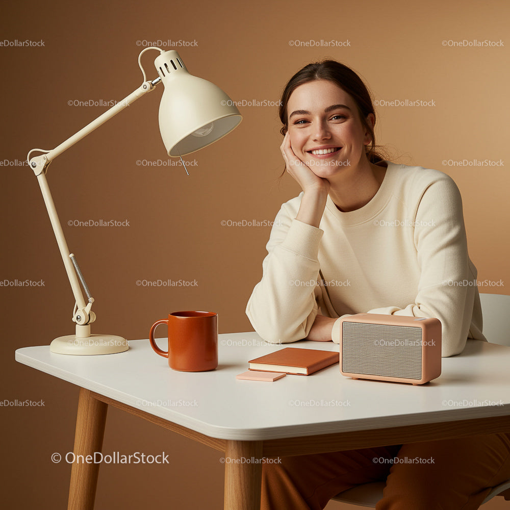 Smiling Woman in Cozy Beige Interior with Modern Desk Setup