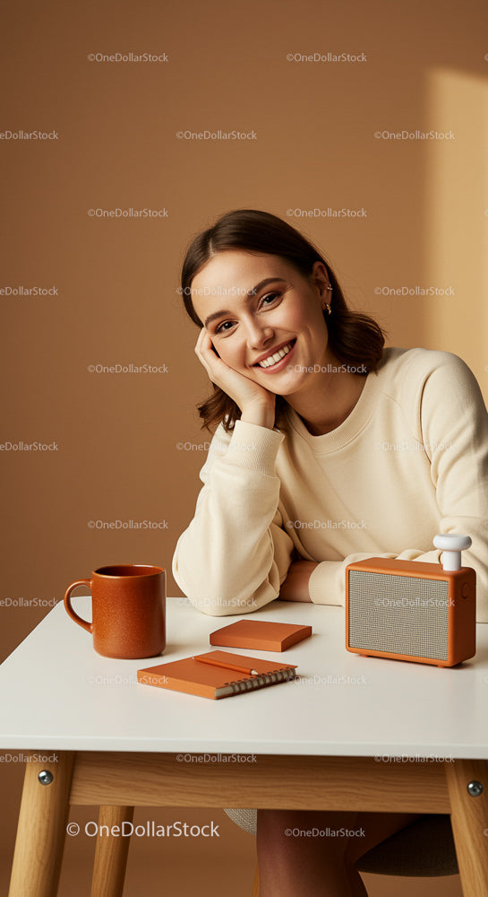 Smiling Woman Relaxing in Cozy Minimalist Home Office
