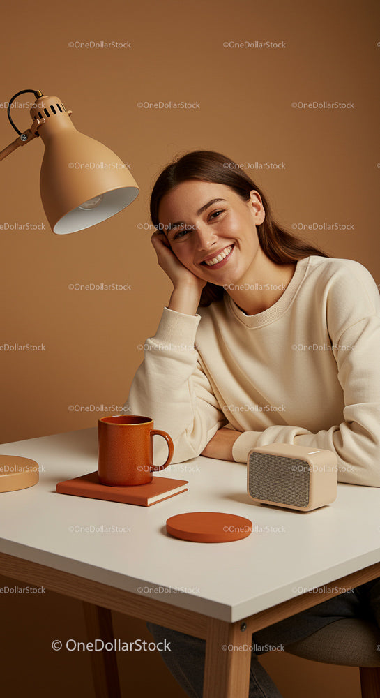 Smiling Woman in Cozy and Minimalist Workspace