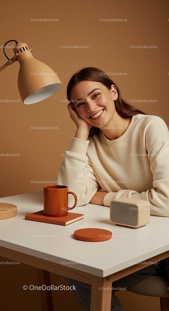 Smiling Woman in Cozy and Minimalist Workspace