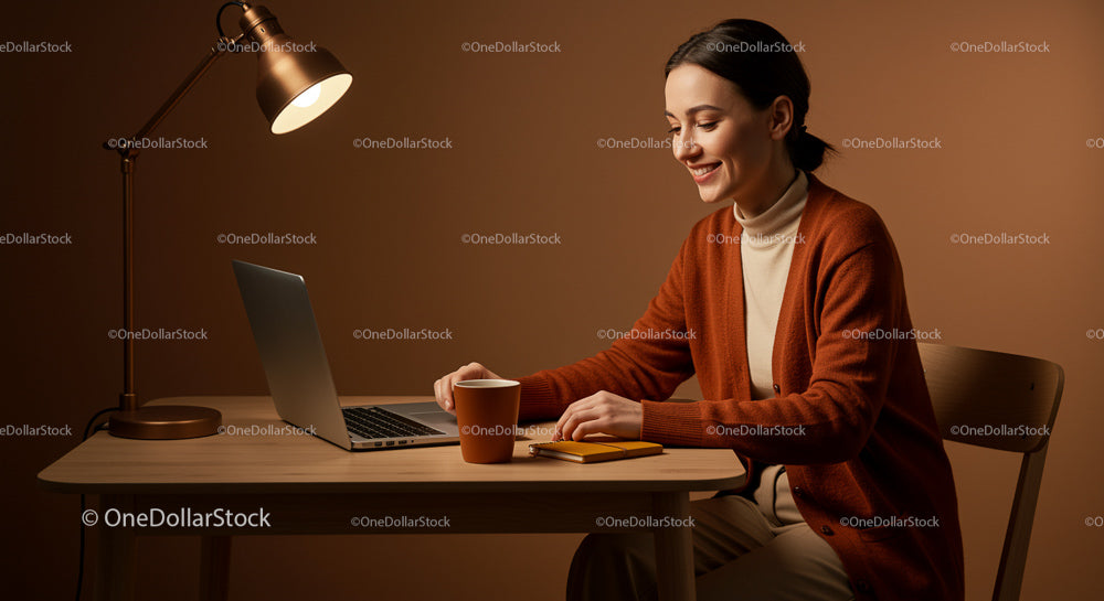 Woman Enjoying Productivity in a Cozy Home Office Setup