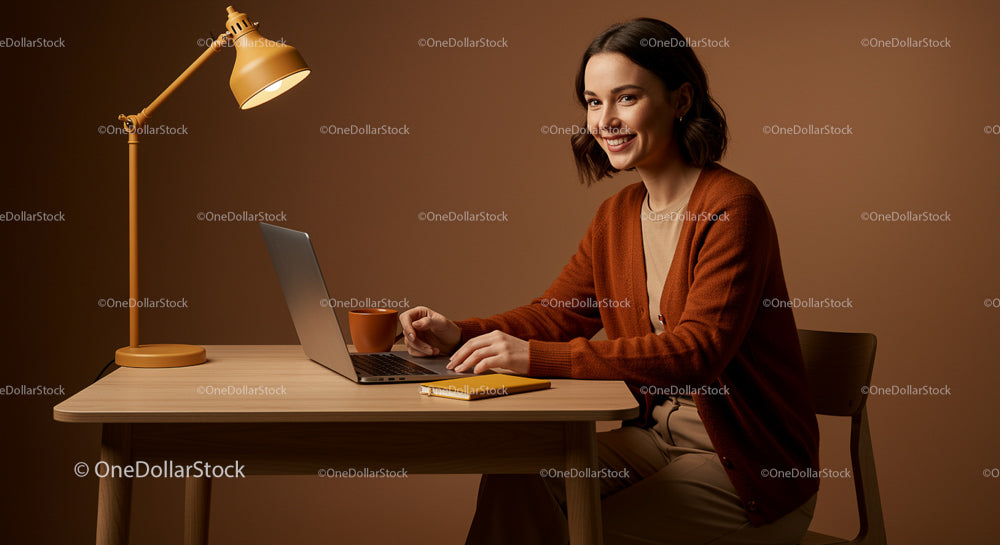 Smiling Woman Working at Home Office with Warm Lighting
