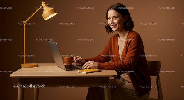 Smiling Woman Working at Home Office with Warm Lighting