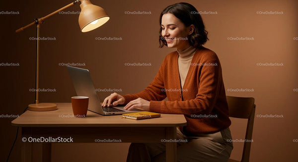 Smiling Woman in Cozy Home Office Using Laptop