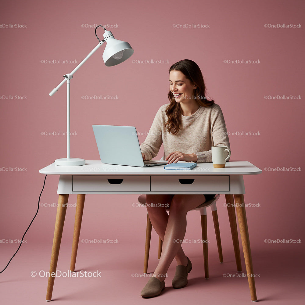 Smiling Woman Working in Stylish Pink Home Office