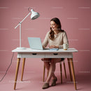 Smiling Woman Working in Stylish Pink Home Office