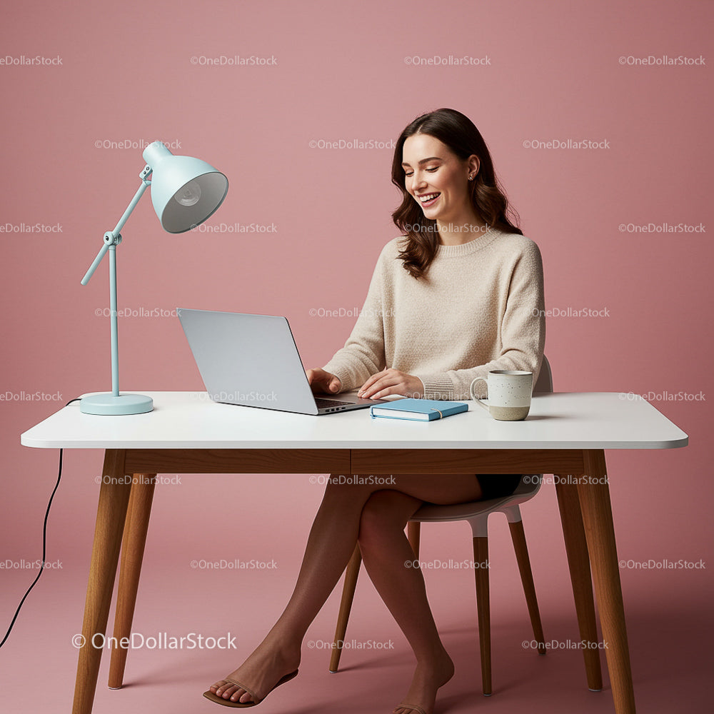 Smiling Woman Working at Laptop in Cozy Home Office