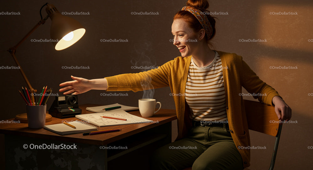 Smiling Woman in Cozy Home Office with Art Supplies