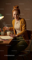 Creative Redhead Woman Working in Cozy Home Office