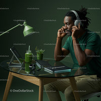 Focused Man Working with Headphones in Green Home Office