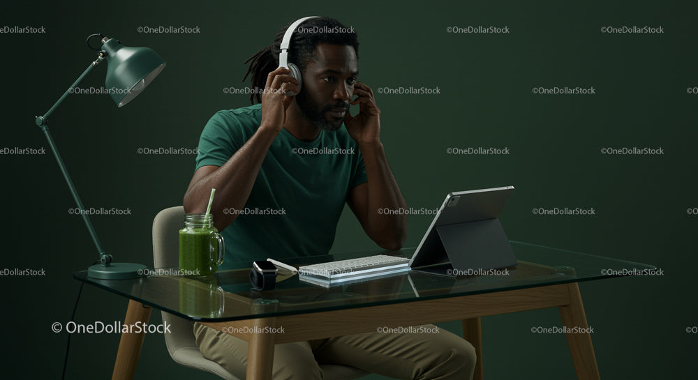 Focused Man Working in Stylish Green Home Office