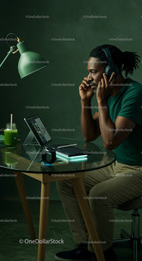Focused Man with Headphones in Modern Home Office