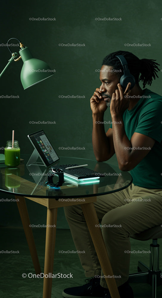 Focused Man with Headphones in Modern Home Office