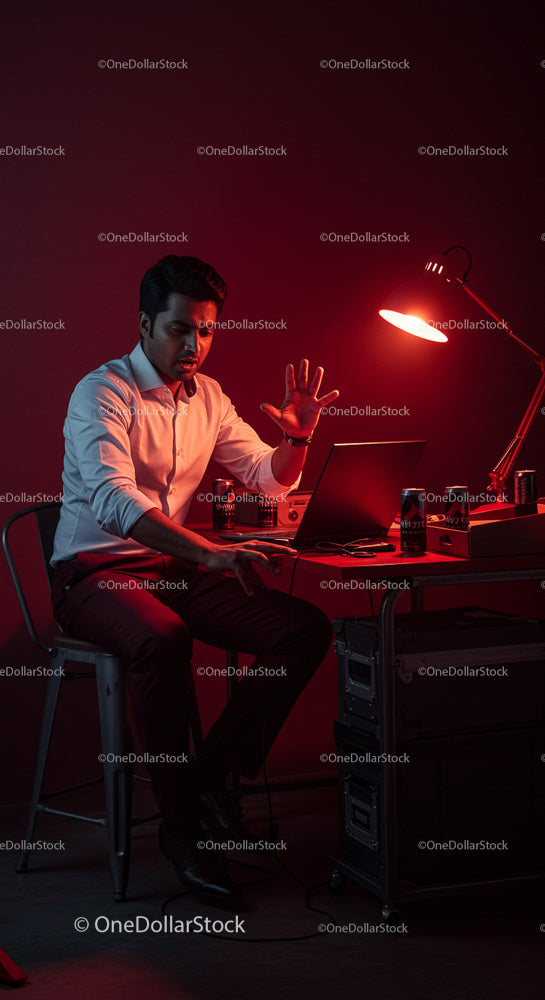 Focused Professional Working Late Under Red Lighting