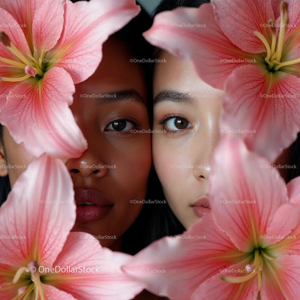 Diverse Beauty Framed by Pink Lilies