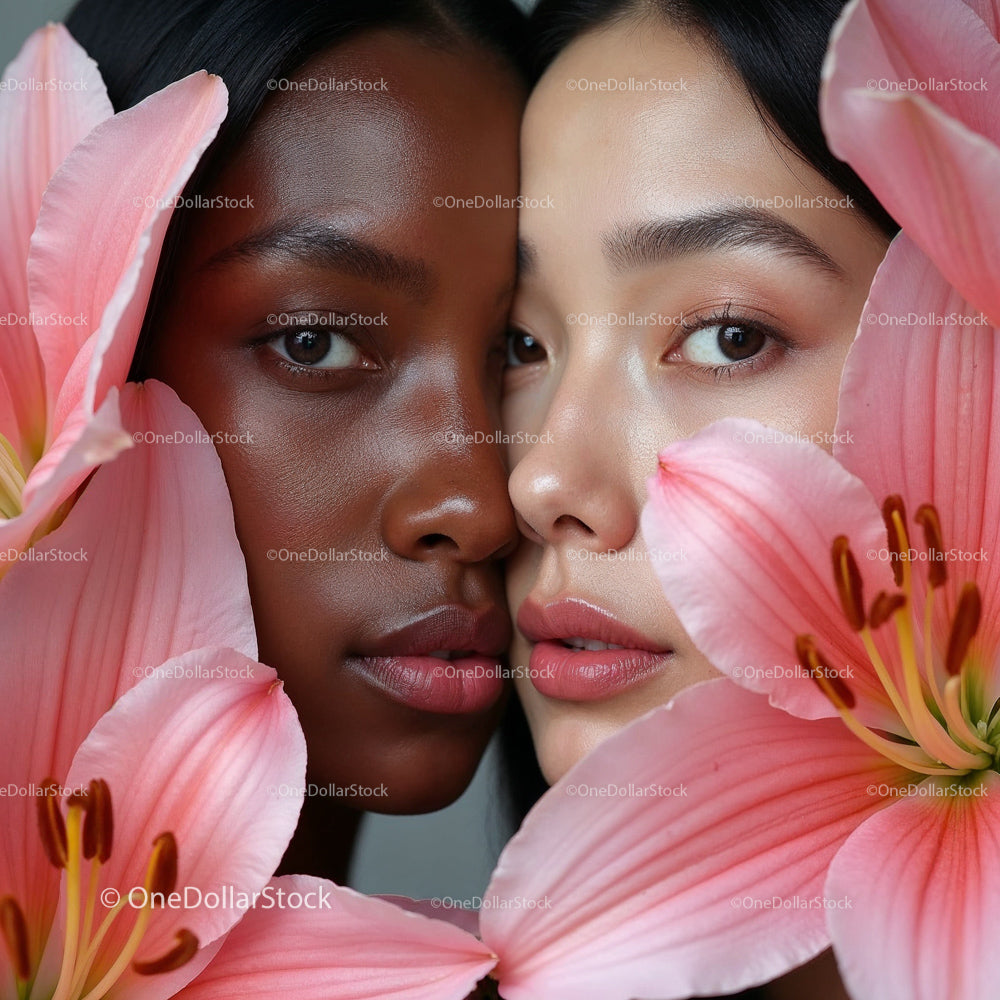 Two Women Surrounded by Pink Lilies, Embracing Diversity