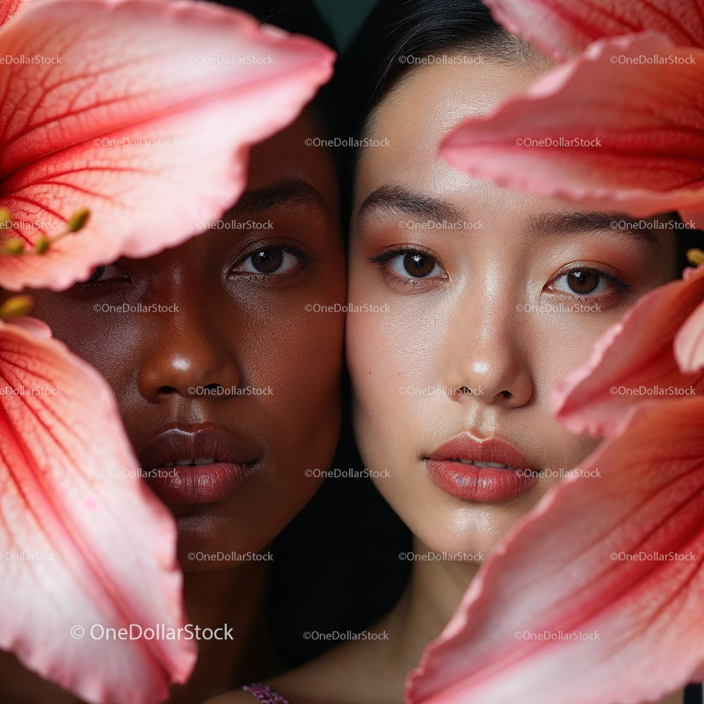 Diverse Beauty Framed by Pink Hibiscus Flowers