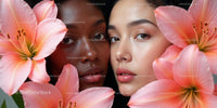 Elegant Portrait of Two Women Surrounded by Pink Lilies