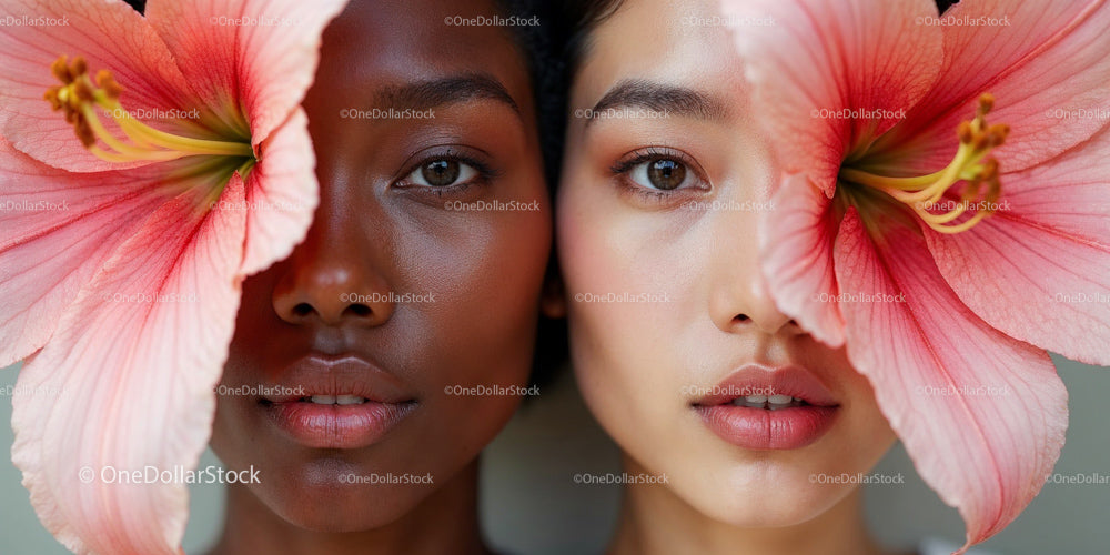 Close-Up Portrait of Two Women with Hibiscus Flowers