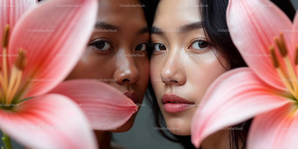 Portrait of Two Women Surrounded by Pink Lilies