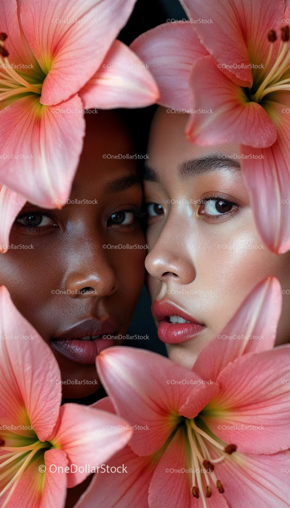 Elegant Portrait of Diverse Women Surrounded by Pink Lilies